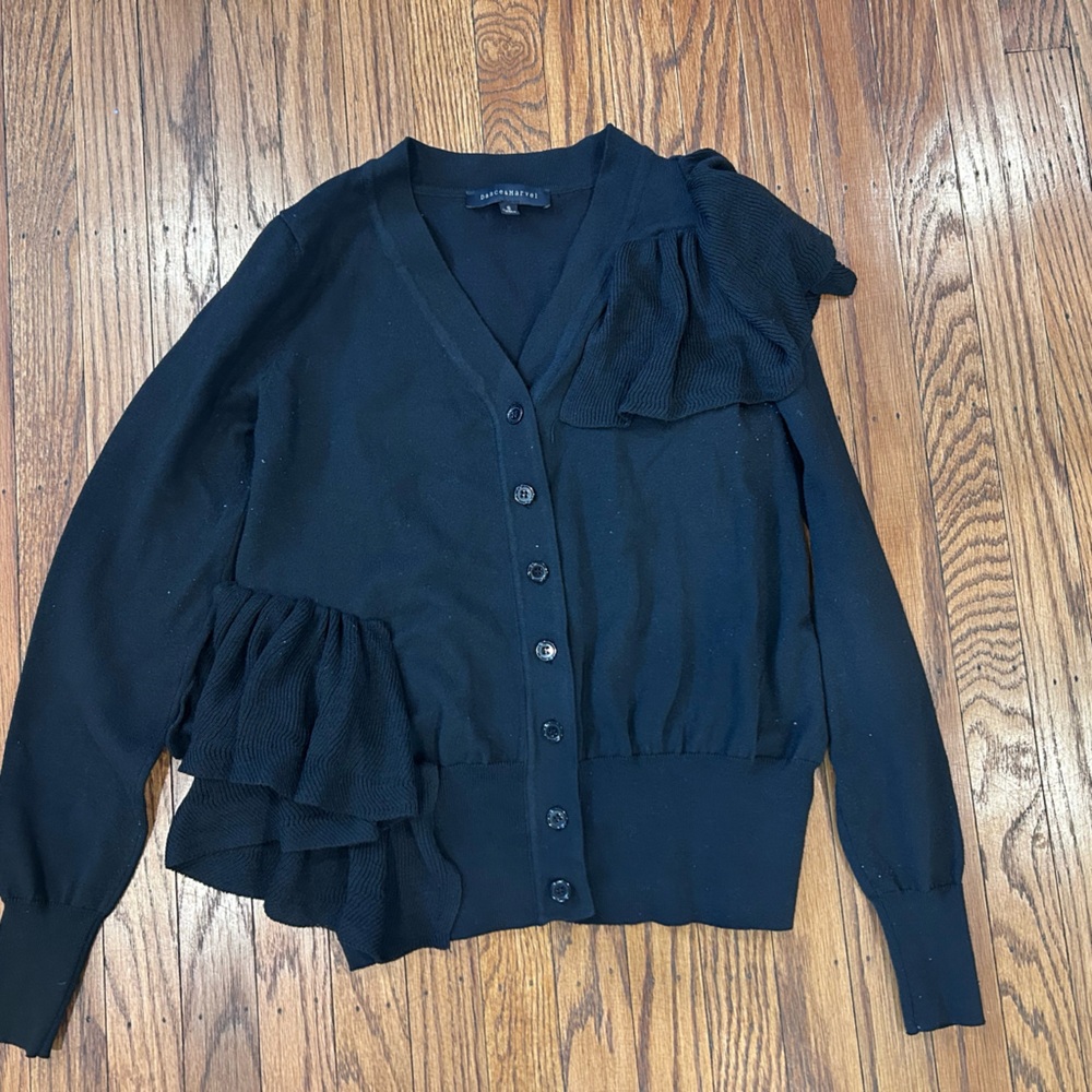 Dance & Marvel Black Ruffle-Detail Button Cardigan - Picture 2 of 4